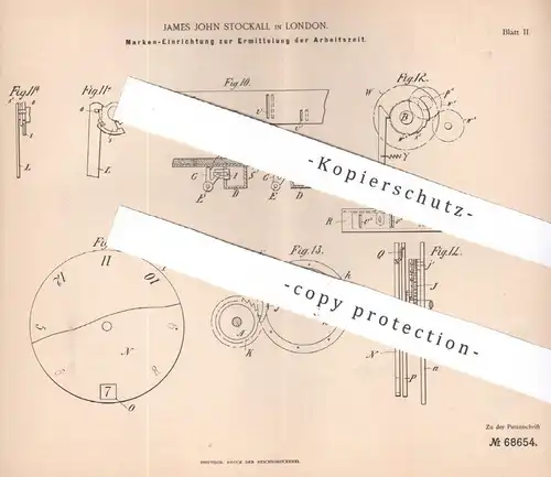 original Patent - James John Stockall , London , England , 1892 , Ermittlung der Arbeitszeit | Uhrwerk , Uhr , Zählwerk