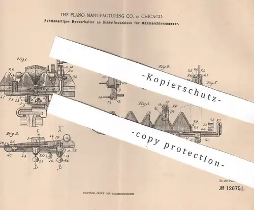 original Patent - The Plano Manufacturing Co. , Chicago , USA , 1900 , Messerhalter an Schleifmaschinen für Mähmaschine