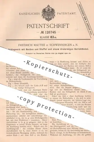 original Patent - Friedrich Mauthe , Schwenningen a. N. , 1900 , Schlagwerk mit Rechen und Staffel | Zeigerwerk , Uhr !!