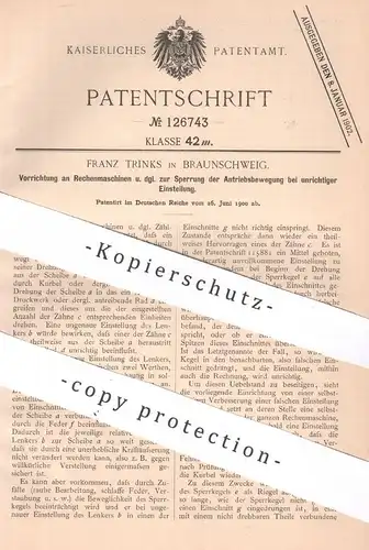 original Patent - Franz Trinks , Braunschweig , 1900 , Rechenmaschine | Rechner , Addiermaschine , Mathematik , Zählwerk