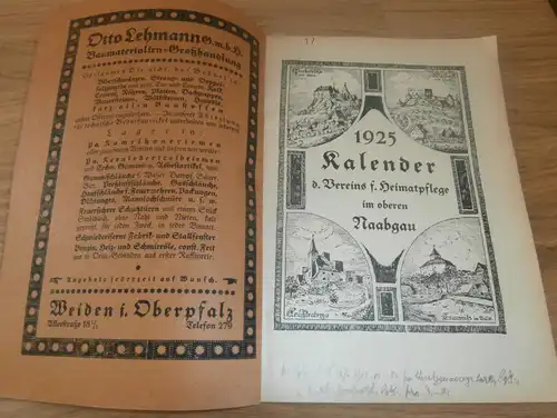 Kalender - Naabgau 1925, Heimatpflege , Weiden , Ahnen , Ahnenforschung , Heimatkalender !!!