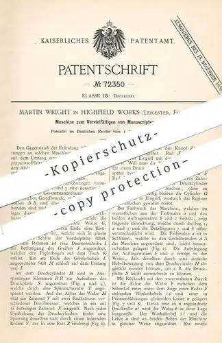 original Patent - Martin Wright , Highfield Works , Leicester , England , 1892 , Vervielfältigen v. Manuskripten | Kopie