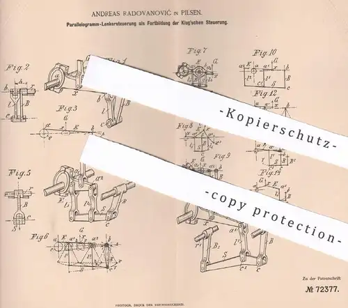 original Patent - Andreas Radovanovic , Pilsen 1893 , Parallelogramm Lenkersteuerung | Klug , Steuerung | Dampfmaschine