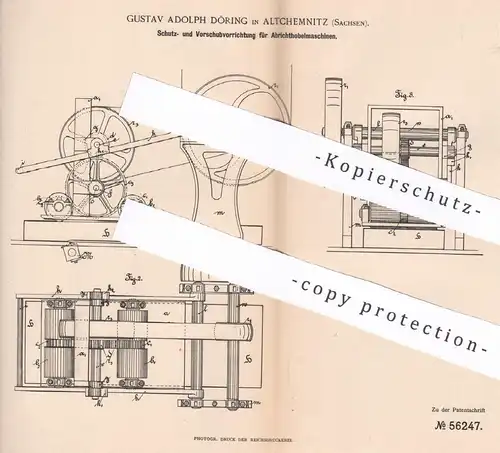 original Patent - Gustav Adolph Döring , Altchemnitz / Chemnitz 1890 | Schutz an Abrichthobelmaschine | Hobel , Tischler