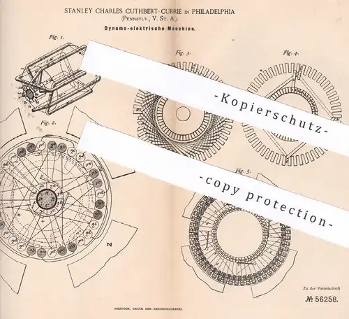 original Patent - Stanley Charles Cuthbert Currie , Philadelphia , Pennsylvania USA , 1889 , elektrisches Dynamo | Motor