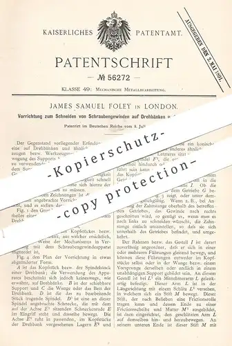 original Patent - James Samuel Foley , London , England , 1890 , Schneiden von Schraubengewinde auf Drehbank | Metall !