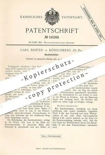 original Patent - Carl Dreyer , Königsberg , 1890 , Gardinenhalter | Gardinen , Halter für Gardine , Vorhang !!