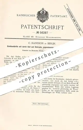 original Patent - C. Hansson , Berlin , 1890 , Drehbankrille | Drehbank , Dreher , Metall , Schlosser , Schlosserei !!