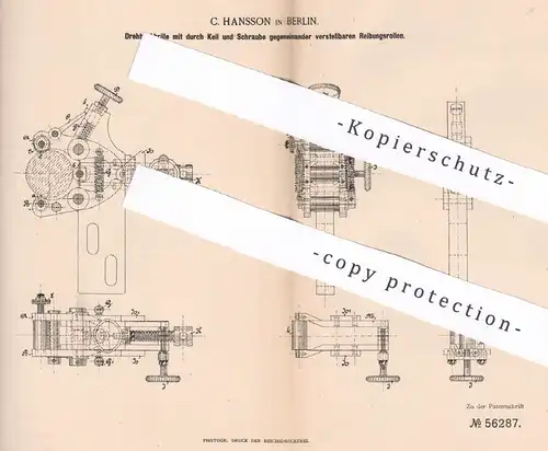 original Patent - C. Hansson , Berlin , 1890 , Drehbankrille | Drehbank , Dreher , Metall , Schlosser , Schlosserei !!