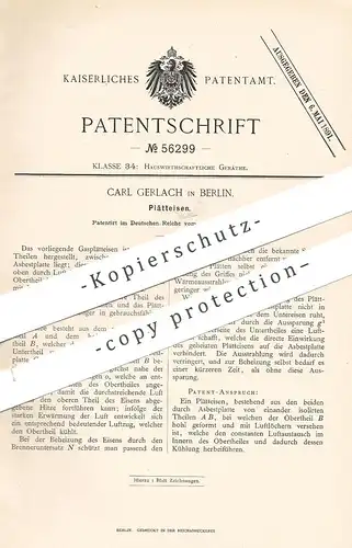 original Patent - Carl Gerlach , Berlin , 1890 , Plätteisen | Gasplätteisen , Gas - Bügeleisen , Bügeln , Wäscherei !!!