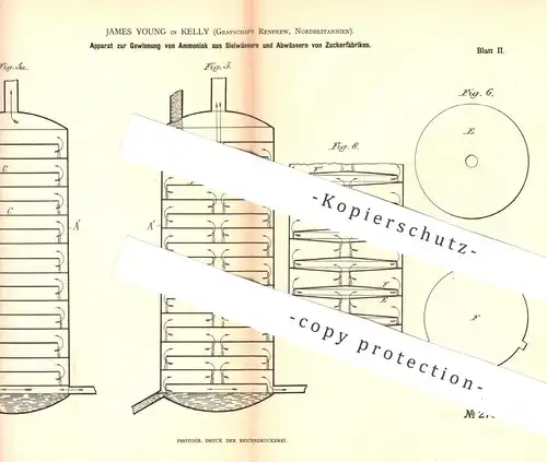 original Patent - James Young , Kelly , Renfrew , England , 1883 , Gewinnung von Ammoniak aus Abwasser | Zuckerfabrik !!