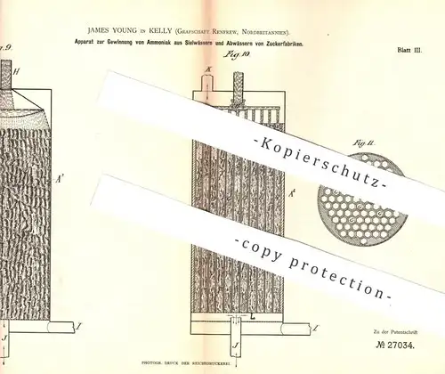 original Patent - James Young , Kelly , Renfrew , England , 1883 , Gewinnung von Ammoniak aus Abwasser | Zuckerfabrik !!