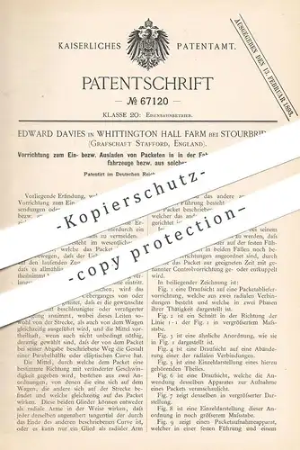 original Patent - Edward Davies , Whittington Hall Farm , Stourbridge , Stafford , England , 1892 , Eisenbahn - Post !!!