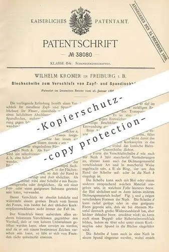 original Patent - Wilhelm Kromer , Freiburg 1886 , Blechscheibe zum Verschluss von Zapf- u. Spundlochbüchse | Zapfanlage