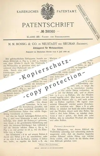 original Patent - M. M. Mossig & Co. , Neustadt / Siegmar / Sachsen , 1886 , Zählapparat für Wirkmaschine | Wirkstuhl