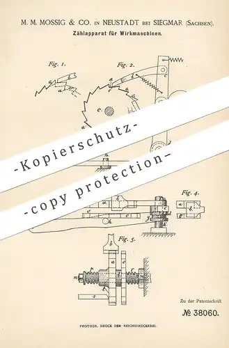 original Patent - M. M. Mossig & Co. , Neustadt / Siegmar / Sachsen , 1886 , Zählapparat für Wirkmaschine | Wirkstuhl