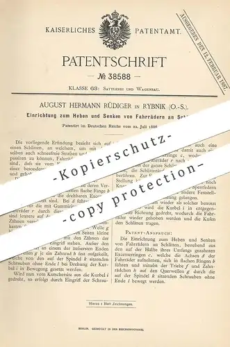 original Patent - August Hermann Rüdiger , Rybnik  1886 , Heben u. Senken vom Fahrrad an Schlitten | Fahrräder , Kutsche
