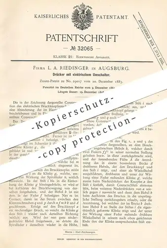original Patent - L. A. Riedinger , Augsburg , 1884 , Drücker mit elektrischem Umschalter | Schalter , Lichtschalter !!