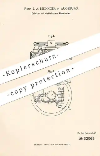 original Patent - L. A. Riedinger , Augsburg , 1884 , Drücker mit elektrischem Umschalter | Schalter , Lichtschalter !!