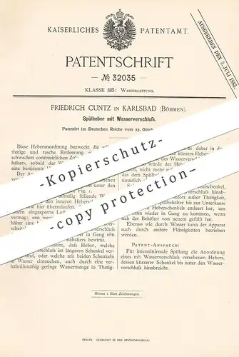 original Patent - Friedrich Cuntz , Karlsbad / Böhmen 1884 , Spülheber mit Wasserverschluss | Wasser  Spülung | Klempner