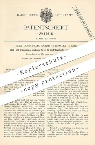original Patent - Henry Louis Felix Worms de Romilly , Paris , Frankreich , 1881 , Saugpumpe , Druckpumpe | Wasser Pumpe