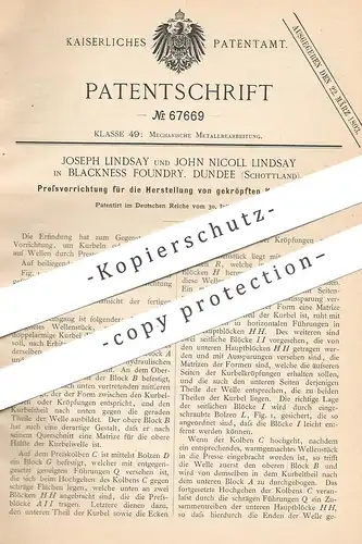 original Patent - Joseph & John Nicoll Lindsay , Blackness Foundry , Dundee , Schottland , 1892 , Presse für Kurbelwelle