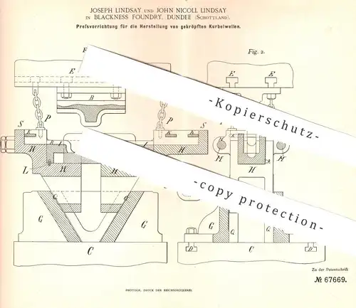 original Patent - Joseph & John Nicoll Lindsay , Blackness Foundry , Dundee , Schottland , 1892 , Presse für Kurbelwelle