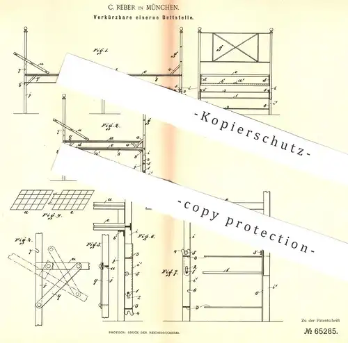 original Patent - C. Reber , München , 1892 , Verkürzbares eisernes Bett | Betten , Möbel , Bettgestell , Couch , Sofa !