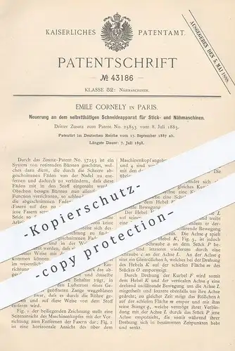 original Patent - Emile Cornely , Paris , Frankreich , 1887 , Schneideapparat für Strickmaschine , Nähmaschine | Nähen