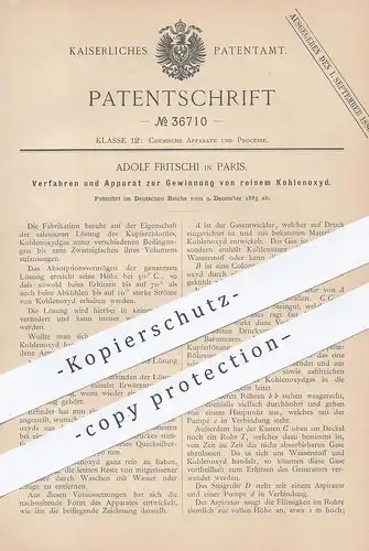 original Patent - Adolf Fritschi , Paris , Frankreich , 1885 , Gewinnung von reinem Kohlenoxyd | Chemie | Kohlenoxydgas