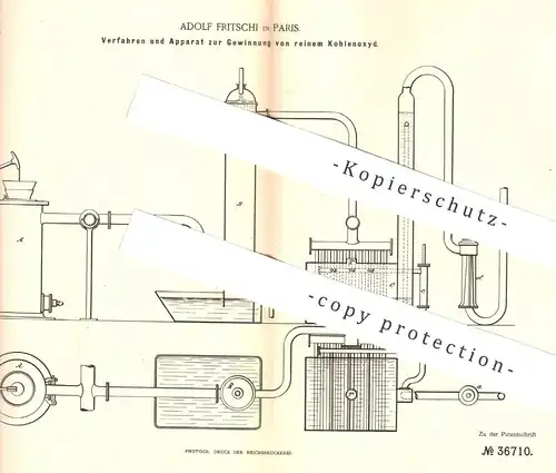 original Patent - Adolf Fritschi , Paris , Frankreich , 1885 , Gewinnung von reinem Kohlenoxyd | Chemie | Kohlenoxydgas