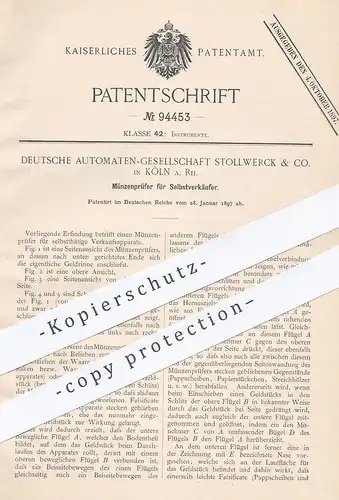 original Patent - Dt. Automaten Ges. Stollwerck & Co. , Köln / Rhein , 1897 , Münzprüfer für Automat | Kasse , Münzen !!