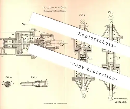 original Patent - Ch. Luyers , Brüssel , 1894 , Zweikammer- Luftdruckbremse | Eisenbahn - Bremse | Bremsen , Straßenbahn