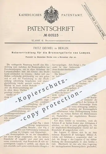 original Patent - Fritz Deimel , Berlin , 1890 , Heben der Brennergalerie von Lampen | Brenner , Lampe , Licht , Gas !!