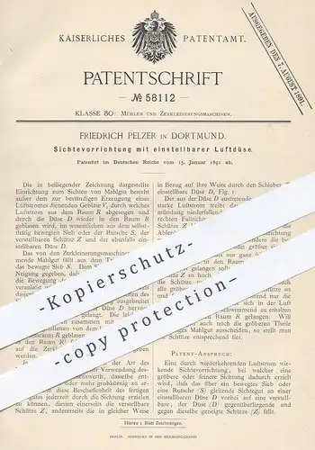 original Patent - Friedrich Pelzer , Dortmund , 1891 , Sichtevorrichtung mit Luftdüse | Mühle , Mühlen , Müller !!!