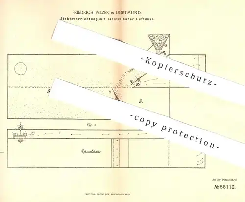 original Patent - Friedrich Pelzer , Dortmund , 1891 , Sichtevorrichtung mit Luftdüse | Mühle , Mühlen , Müller !!!