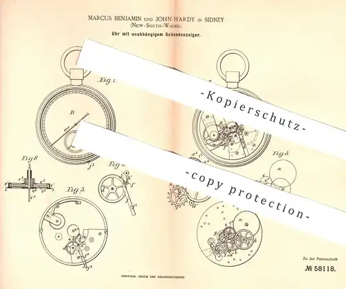 original Patent - Marcus Benjamin , John Hardy , Sidney , New South Wales , 1890 , Uhr mit Sekundenzeiger | Taschenuhr