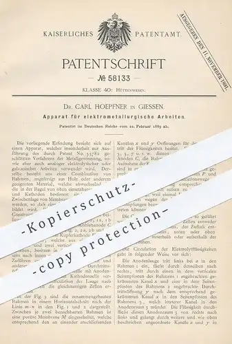 original Patent - Dr. Carl Hoepfner , Giessen , 1889 , Apparat für elektrometallurgische Arbeiten | Metallgewinnung !!