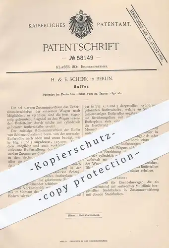 original Patent - H. & E. Schenk , Berlin , 1891 , Buffer | Eisenbahn , Eisenbahnen - Kupplung , Straßenbahn !!!