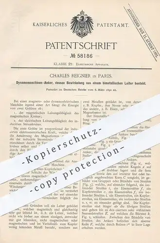 original Patent - Charles Reignier , Paris , Frankreich , 1890 , Dynamomaschinen - Anker | Dynamo | Strom , Elektriker !