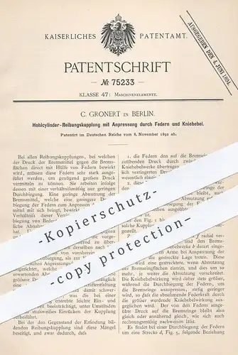 original Patent - C. Gronert , Berlin , 1892 , Hohlzylinder - Reibungskupplung | Kupplung | Bremse | Eisenbahn !!!