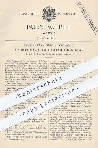 original Patent - Charles Stahlberg , New York , 1890 , Von einem Uhrwerk aus geschalteter Zeitstempel | Stempel , Druck