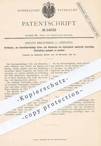 original Patent - Johann Bielenberg , Chemnitz , 1882 , kieselsäurehaltige Erde u. Steine als Puzzolane geeignet machen