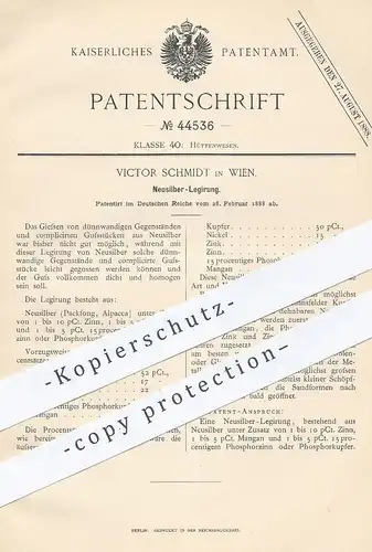 original Patent - Victor Schmidt , Wien , 1888 , Neusilber - Legierung | Silber | Schmelzen von Metall | Kupfer , Zinn !