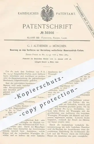 original Patent - G. J. Altheimer , München , 1886 , wetterfeste Maueranstrichfarbe | Farbe , Außenfarbe , Maler !!