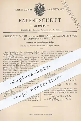 original Patent - Chemische Fabrik vorm. Hofmann & Schoetensack , Ludwigshafen , 1886 , Darstellung der Salole | Chemie