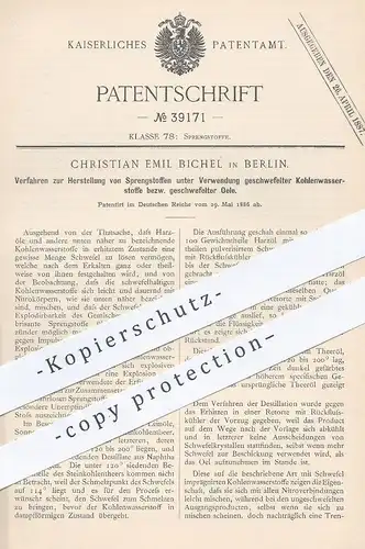 original Patent - Christian Emil Bichel , Berlin 1886 , Sprengstoff - Herst. durch geschwefelten Kohlenwasserstoff o. Öl