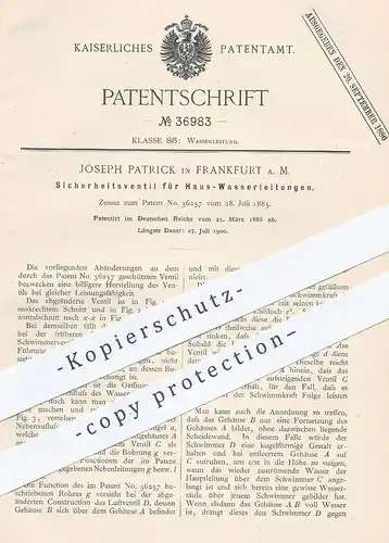 original Patent - Joseph Patrick , Frankfurt / Main , 1886 , Ventil für Haus - Wasserleitung | Wasserhahn , Klempner !!!