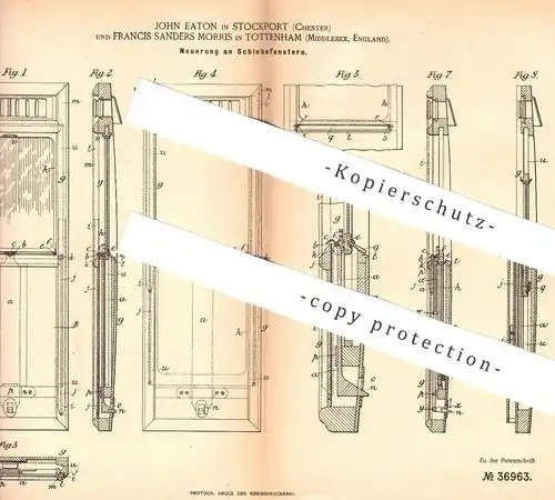 original Patent - John Eaton , Stockport | Francis Sanders Morris , Tottenham , England  1885 , Schiebefenster , Fenster
