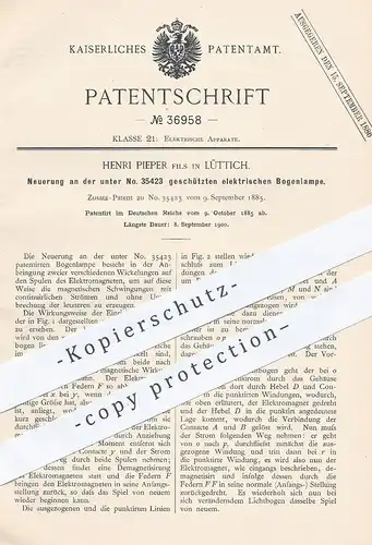 original Patent - Henri Pieper , Lüttich , 1885 , elektrische Bogenlampe | Lampe , Licht , Elektriker , Elektromagnet